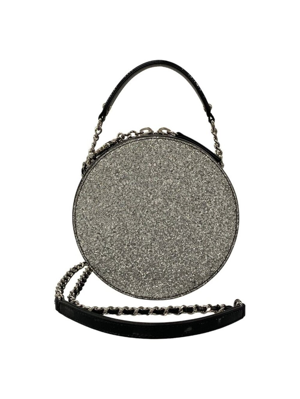 Chanel Shoulder Bag Silver Black 2-Way Chain Round Leather